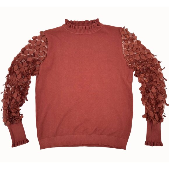 Sioni Milano XL Ruffle Neck Sweater With Sheer Lace Petal Sleeves In Rust - Picture 4 of 4